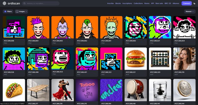 A screenshot of the Ordiscan website showing a gallery of NFT-style pixel art characters and various other items including a burger, taco, bench, dancers, and drums, each with IDs like #127,389,696.