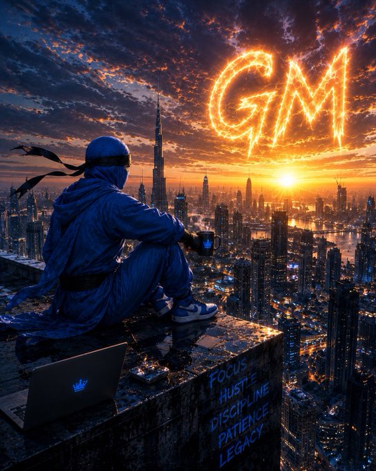 A person in traditional Arabic attire sits on a rooftop overlooking Dubai at sunset, holding a coffee cup, with 'GM' spelled in fire in the sky and motivational words like 'FOCUS', 'HUSTLE', 'DISCIPLINE', 'PATIENCE', and 'LEGACY' written beside them.