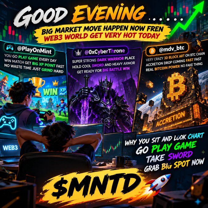 A vibrant promotional graphic reading 'GOOD EVENING' with the ticker '$MNTD', featuring crypto-related social media handles like '@PlayOnMint' and '@OxCyberThrone' alongside gaming and BTC imagery.