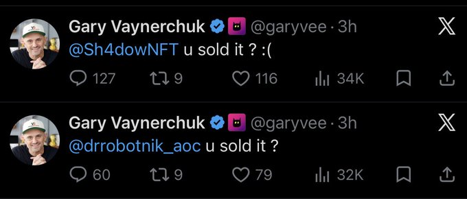 The image shows two tweets from Gary Vaynerchuk (@garyvee) directly addressing users @Sh4dowNFT and @drrobotnik_aoc with the message "u sold it ? :(", demonstrating the billionaire personally calling out individuals who sold their VeeFriends NFTs.