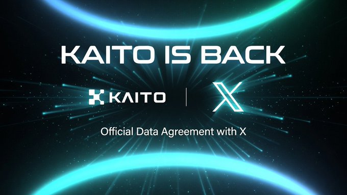 A promotional banner reading 'KAITO IS BACK - Official Data Agreement with X' featuring the KAITO and X logos against a cyan cosmic background.