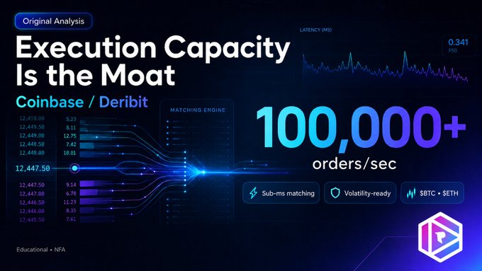 An analytical infographic titled 'Execution Capacity Is the Moat' comparing Coinbase/Deribit, highlighting 100,000+ orders/sec with sub-ms matching and volatility-ready features.