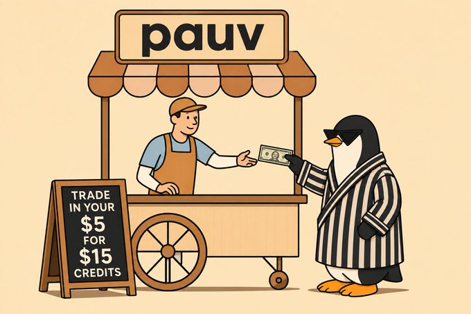 An illustration of a penguin wearing a striped robe and sunglasses exchanging money with a vendor at a kiosk labeled 'pauv' offering 'TRADE IN YOUR $5 FOR $15 CREDITS'.