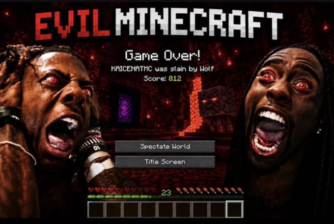 A 'Game Over!' screen for 'Evil Minecraft' showing two screaming men with red eyes flanking a Minecraft-style score display, where 'KAICENATMC was slain by Wolf' with a score of 812.