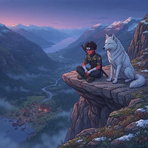An anime-style illustration depicts a masked ninja character sitting on a rocky cliff next to a white wolf, overlooking a vast mountain valley at dusk.