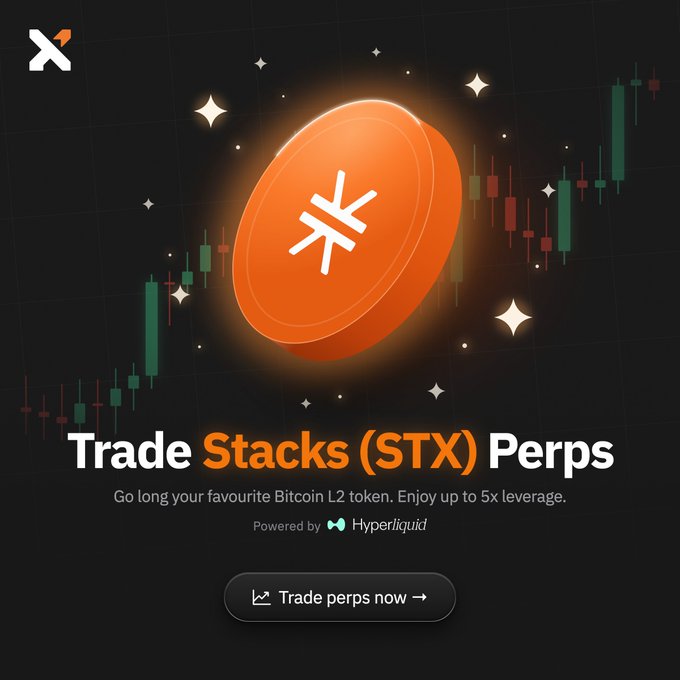 An advertisement for trading 'Stacks (STX) Perps' with the tagline 'Go long your favourite Bitcoin L2 token. Enjoy up to 5x leverage', powered by Hyperliquid.