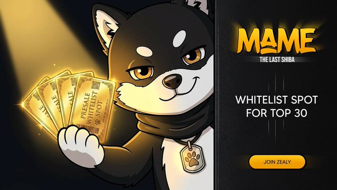 The image features a cartoon dog holding up four golden tickets or playing cards against a black background with white text that reads "MAME The Last Shiba Whitelist Spot for Top 30". This suggests that the image is related to a meme campaign, where users are encouraged to create and share memes in order to gain points and ultimately be listed as one of the top 30 meme creators.

The dog's position on stage with the tickets or cards implies that it is actively participating in this campaign by holding up these items for display. The text "join now" suggests that there might be a specific action or event associated with the campaign, such as entering a contest to win the last spot in the whitelist.