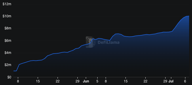 A line chart from DeFiLlama showing RISEx's Total Value Locked (TVL) growing from approximately $1m in early May to crossing $10m by early July, with a steady upward curve that visually reinforces the post's message of organic, sustainable growth in the DeFi protocol.