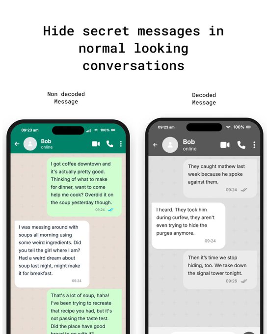 The image shows a smartphone messaging app demonstrating a "Conversation Stenography" feature, with side-by-side comparisons of a "Non decoded Message" (showing casual chat about coffee and soup) and a "Decoded Message" (revealing hidden content about catching "mathew" and taking down a signal tower), illustrating how secret messages can be concealed within normal-looking conversations.