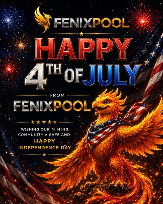 A festive 4th of July promotional graphic from FenixPool featuring a fiery phoenix with an American flag scarf, fireworks, and a US flag, wishing their mining community a safe and Happy Independence Day.