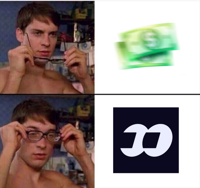 Four-panel meme featuring a shirtless man putting on glasses on the left, paired with motion-blurred cash on the top right and the Dash cryptocurrency logo on the bottom right.