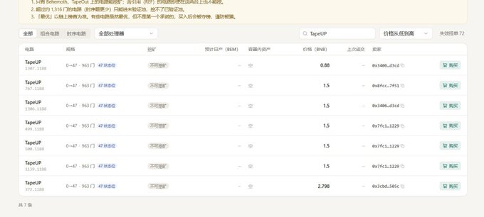 A Chinese-language webpage displaying a table of decentralized storage providers, with columns for Source, Specifications, Region, Estimated Revenue (BEM), Available Internal Resources, Price (BEM), Public Account, and Status, with all entries showing 'TapeUP' as the source.