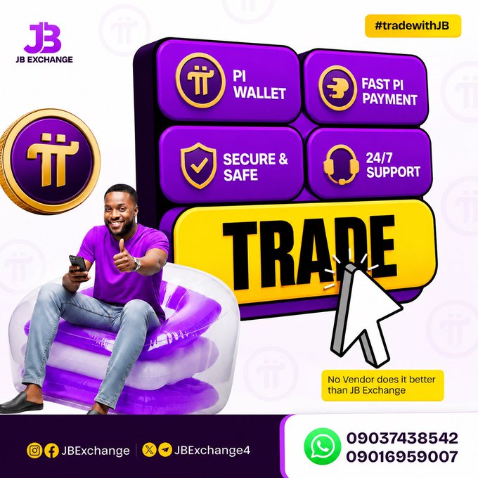 An advertisement for 'JB Exchange' promotes Pi Network trading services, featuring a smiling man on a purple inflatable chair and contact information including phone numbers 09037438542 and 09016959007.