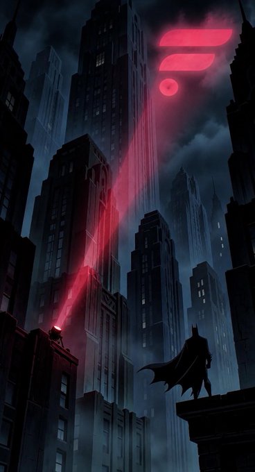 A dark, atmospheric digital artwork of Batman standing on a Gotham City rooftop at night, looking up at a red bat signal projected into the cloudy sky.
