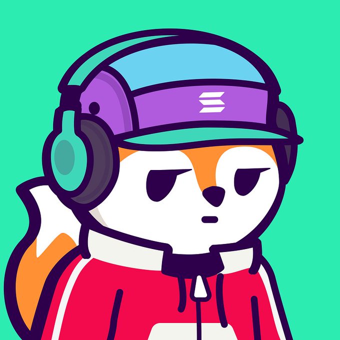 A stylized cartoon fox wearing a purple cap, teal headphones, and a red hoodie gives a neutral side-eye against a green background, embodying the skeptical "GM" vibe often used in crypto Twitter for Solana ($SOL) bullish sentiment.