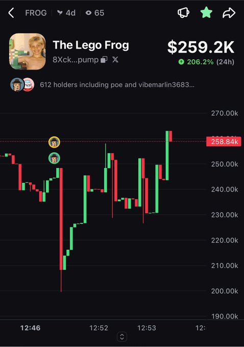 A mobile trading chart for the meme token 'The Lego Frog' (FROG) showing a 206.2% 24-hour gain and a current price of $259.2K.