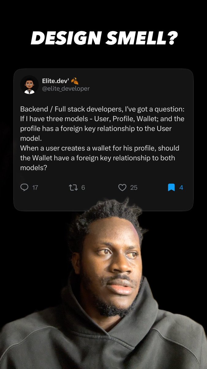 A tweet from @elite_developer asks whether a Wallet model should have foreign key relationships to both User and Profile models, captioned "DESIGN SMELL?", with the accompanying post noting the key decision is determining who owns the wallet.

The image shows a skeptical-looking man wearing a black hoodie below the tweet, paired with the accompanying commentary that suggests ownership of the wallet should drive the schema design rather than creating redundant relationships.