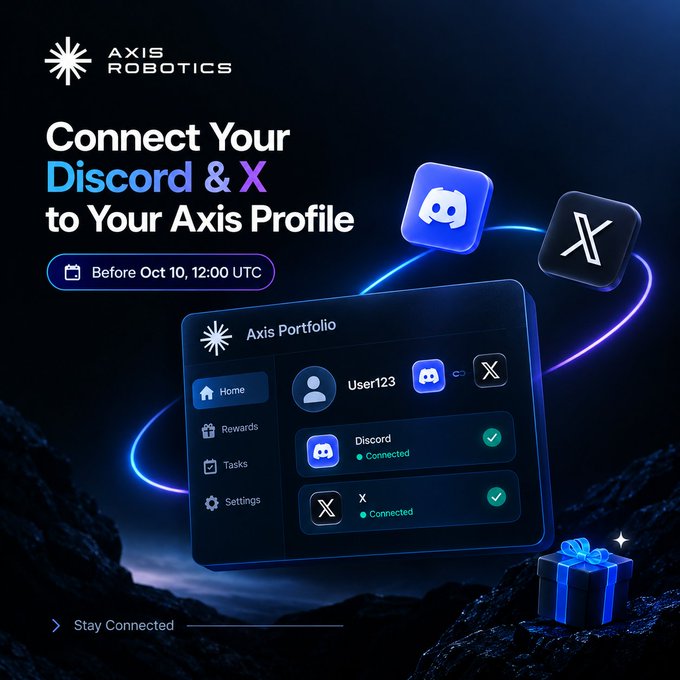 A promotional graphic for Axis Robotics encouraging users to 'Connect Your Discord & X to Your Axis Profile' before October 10, 12:00 UTC, showing an example portfolio interface.