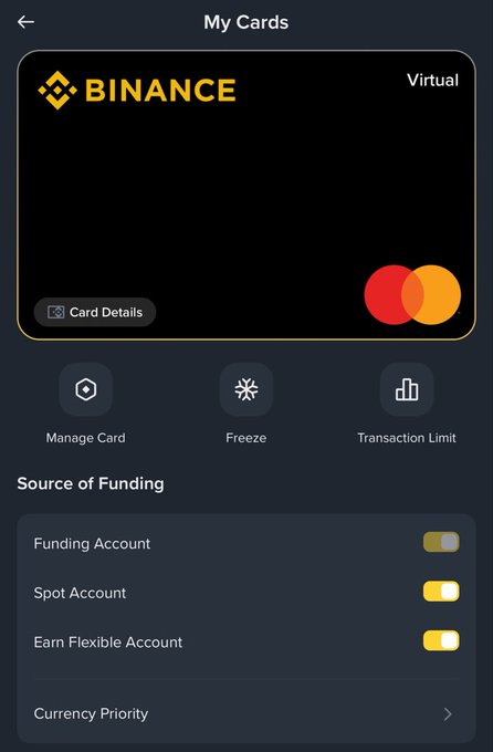A screenshot of the Binance app's "My Cards" page showing a Virtual Binance Card with options to manage the card, freeze it, and set transaction limits, along with a "Source of Funding" section where the Spot Account and Earn Flexible Account are toggled on as funding sources. The image illustrates the final step referenced in the post, where users configure their Binance Card settings after completing verification and eligibility checks to enable everyday crypto spending.