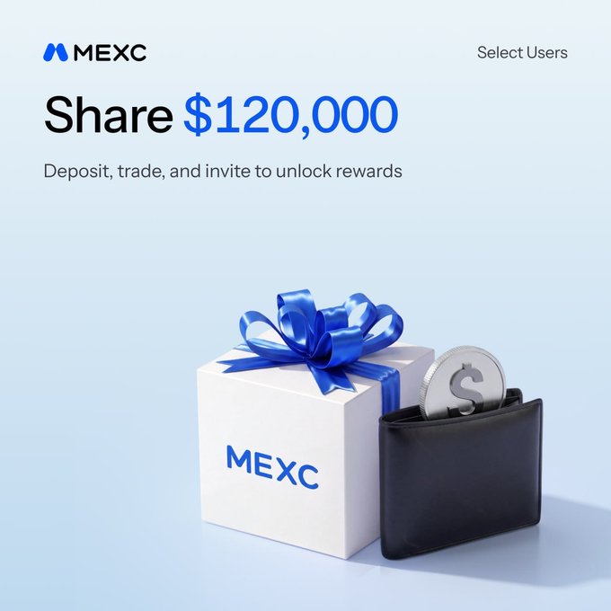 A promotional graphic for MEXC cryptocurrency exchange shows a gift box with a blue ribbon next to a wallet containing coins, with text 'Share $120,000 - Deposit, trade, and invite to unlock rewards'.