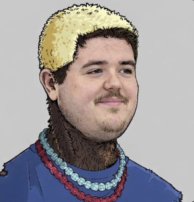 The image depicts a digitally illustrated, furry cartoonified portrait of a young man with a mustache, wearing a fuzzy yellow hat and beaded necklaces. The post suggests a satirical crypto trading strategy of buying tokens before influencers promote them ("drill" them with promotion), and the whimsical, exaggerated illustration style mirrors the meme-like humor of the caption.