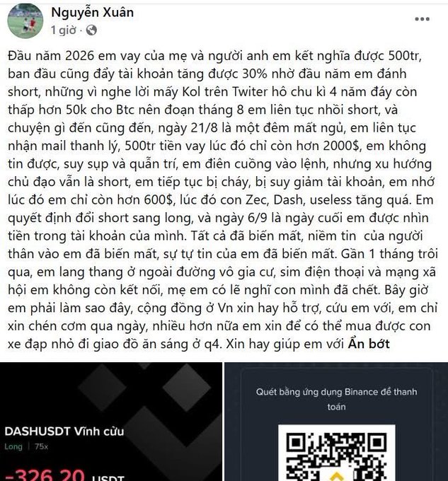 A Vietnamese Facebook post by Nguyễn Xuân telling a story of financial loss in cryptocurrency trading, ending with a Binance QR code for donations showing DASH/USDT at -326.20.