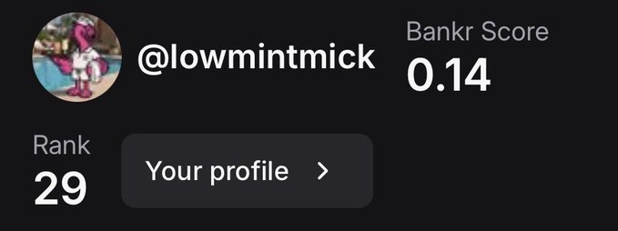 A profile card for @lowmintmick shows a Bankr Score of 0.14 and rank 29.
