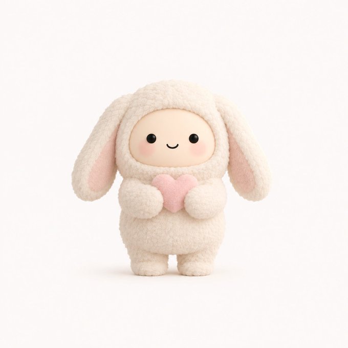 A cute fluffy cream-colored bunny character holding a pink heart, set against a white background.