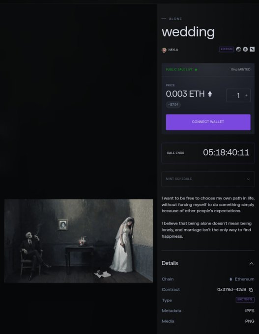 An NFT marketplace listing for an artwork titled 'wedding' by kayla (ALONE collection), priced at 0.003 ETH with a public sale live status and 0% minted.