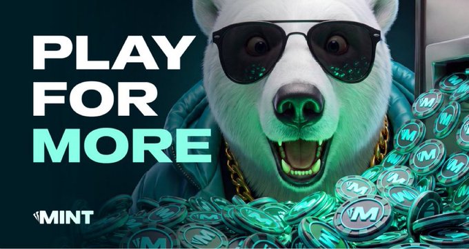 The same MINT advertisement featuring a sunglasses-clad polar bear and teal coins with the 'PLAY FOR MORE' text.