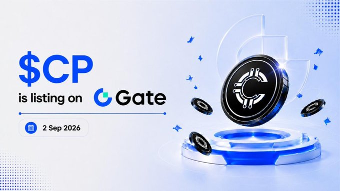 The image is a promotional graphic announcing that "$CP is listing on Gate" on 2 Sep 2026, featuring a stylized 3D crypto coin with circuit-board motifs floating above a glowing blue platform. The visual design, with its tech-inspired aesthetics, aligns with the post's message about AI Inference gaining a marketplace.