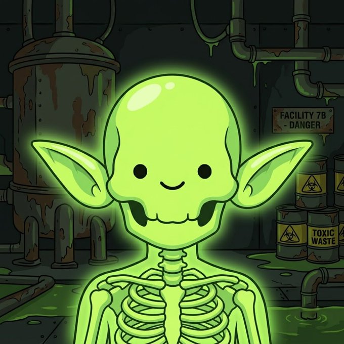 A cartoonish green skeleton with pointed ears smiles in a toxic facility, surrounded by a rusted tank, pipes, and barrels labeled "TOXIC WASTE" near a "FACILITY 7B - DANGER" sign, embodying the "Green Slime or Toxic Skeleton" choice by showing an adorable yet hazardous creature that blurs both identities.