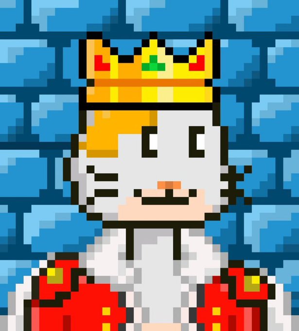 A pixel art image of a white cat wearing a golden crown and a red royal robe, matching the "HoodCattos" NFT collection being given away in the post.