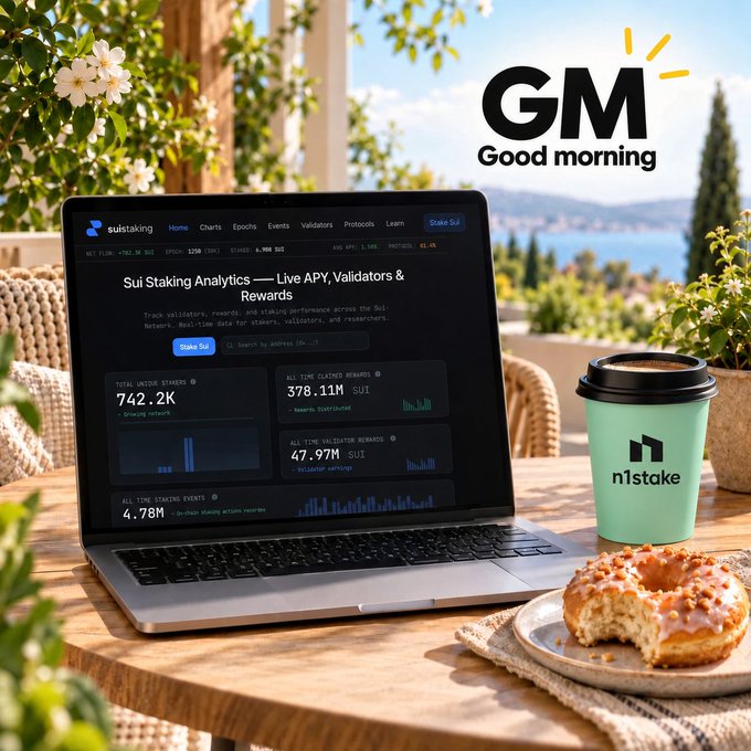 A laptop displays 'Sui Staking Analytics' with metrics including 742.2K total unique stakers and 378.11M SUI validator staked rewards, accompanied by a 'Good Morning' graphic and an 'n1stake' coffee cup.