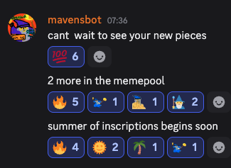 The image features a screenshot of a text message sent by @mavensbot from his Twitter account. The message includes text and emojis, with the tone seeming humorous. There are several emojis used within the conversation, including a smiley face and an inscribing symbol. Additionally, there is a list of numbered emojis that may be related to the ongoing development or launch of the @mimcoinbtc project. The context of the message suggests that they might have just launched their new collection of 1K 1/1s from @bitcoinwizardry and are entering its SUMMER OF INSCRIPTS, a period where magic will be refined behind the scenes.