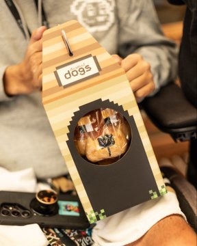A handmade wooden coffin-shaped box labeled "dogs" held in someone's hands, featuring a transparent window that reveals shiny Pokémon trading cards inside.