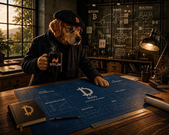 A dog wearing glasses and a beret sits at a desk holding a 'BITFLOW' mug, with blueprints labeled with Bitcoin (B), DOG, Infrastructure, Analytics, and Apps spread across the table.