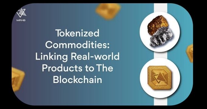 The image features a poster with two gold coins, one larger than the other, placed side by side against a blue background. The text "tokened commodities" is written above the coins, and "link real-world products to the blockchain" is below them. The phrase "Gm gToto 99% of people struggle not because opportunities are missing. They struggle because liquidity is split into separate pieces." is also present in the image.