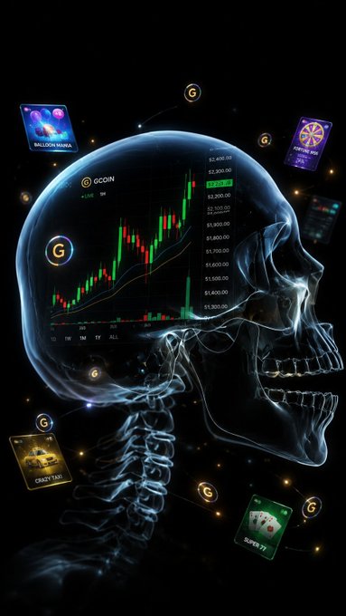 A glowing translucent skull dominates the dark background, with a green and red candlestick trading chart labeled "GCOIN" displayed inside its cranium, surrounded by floating gaming icons including "Balloon Samba," "Crazy Taxi," "Super 77," and "Wheel Wins," along with small "G" tokens connected by constellation-like lines. The image visually reinforces the post's claim that "G COIN IS EXPANDING FAST" within the Playnance Web3 Gaming Ecosystem by merging finance imagery (the skull's chart showing prices from $1,500 to $2,400) with gaming utility icons.