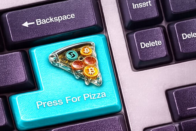 The image shows a close-up of a computer keyboard with a blue key that has a pizza slice design on it. The text "Press For Pizza" is written below the pizza key, suggesting an advertisement or promotion related to pizza.