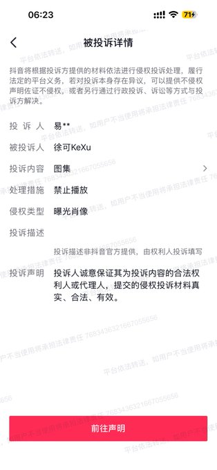 The screenshot shows a TikTok complaint details page in Chinese, displaying a copyright infringement report against user "徐可KeXu" for a "图集" (image collection) about "曝光肖像" (portrait exposure), with a status of "禁止播放" (prohibited from playing). This appears to be a fake/AI-generated mockup satirizing the user's post about "Yilihua" secretly watching and complaining, as the complaint is from "易**" (likely representing "Yilihua") reporting unauthorized use of portrait images.