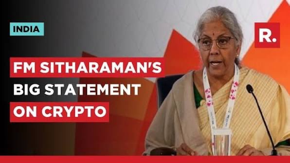 A headline graphic from Republic (R.) showing India Finance Minister Nirmala Sitharaman speaking, with text reading "INDIA: FM SITHARAMAN'S BIG STATEMENT ON CRYPTO," illustrating the post about India's Finance Ministry requesting RBI and SEBI to jointly take the lead on cryptocurrency regulation.