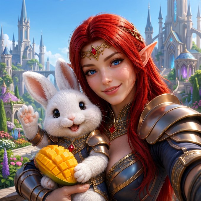 A red-haired elf warrior in ornate armor poses for a selfie with an adorable waving white rabbit holding a mango, set against a backdrop of majestic fantasy castles and gardens—fittingly capturing the whimsical, adventurous spirit of joining the ZarGates community as an Ambassador.