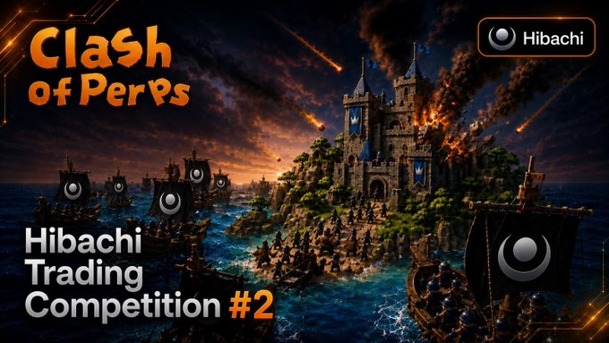 Promotional banner for "Clash of Perps × Hibachi Trading Competition #2," featuring a dramatic medieval battle scene with medieval ships attacking a burning castle under fiery skies, highlighting the $2000 prize pool and competition dates of Aug 24–31 UTC.