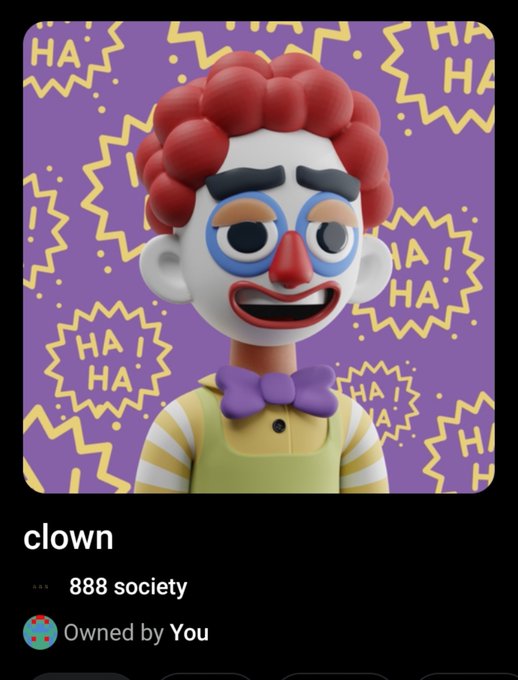 A digital NFT collectible featuring a 3D-rendered clown character with red hair, blue eyeshadow, and a purple bow tie against a purple background with yellow 'HA HA' starbursts, titled 'clown' and owned by the user.
