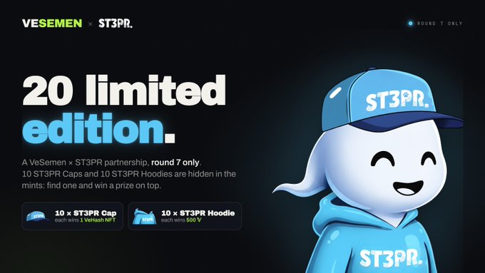 A promotional graphic for a VeSemen x ST3PR. partnership, advertising 20 limited edition items: 10 ST3PR Caps with 1 VeSesh NFT and 10 ST3PR Hoodies worth 500 V, featuring a blue mascot character wearing a ST3PR cap and hoodie.