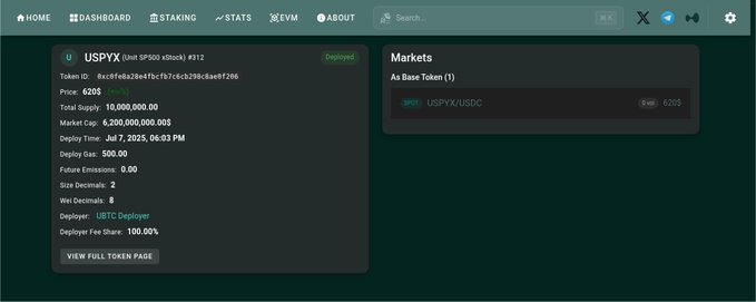 A cryptocurrency dashboard interface showing token details for 'USPYX' (USPYX500 STOCKS) at price 620$, with a deployed token status and a market pair of USPYX/USDC.