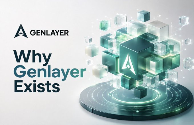 The image features a GenLayer logo with the heading "Why Genlayer Exists" alongside a 3D rendered cluster of interconnected teal and translucent cubes mounted on a glowing circular platform, visually representing the complex decision-making infrastructure that the post references as a missing solution for AI agent disputes in the projected $9 trillion agent economy by 2030.