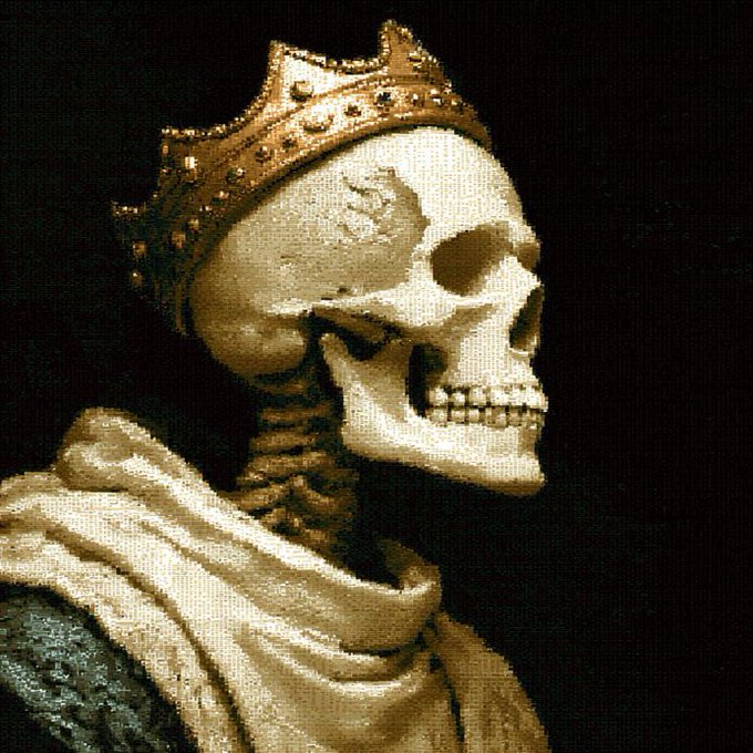 A crowned skeletal figure, evoking themes of mortality and power, is depicted in a dark, classical style reminiscent of memento mori artwork. The imagery aligns with the post's theme of digital art collectibles on Highlight, emphasizing a haunting, regal aesthetic across the 66 pieces at .00666 each.