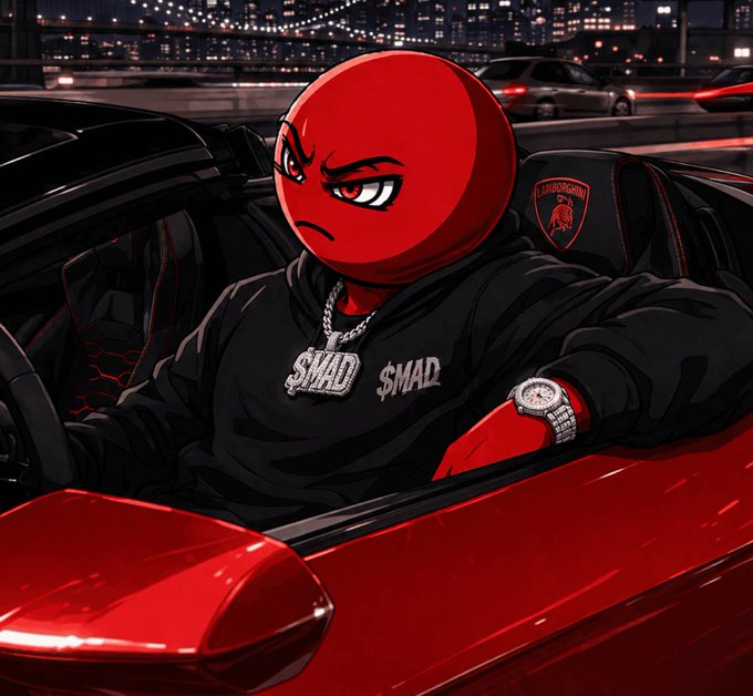 An anime-style red character with an angry expression sitting in a red Lamborghini convertible at night, wearing a black hoodie and a '$MAD' pendant.